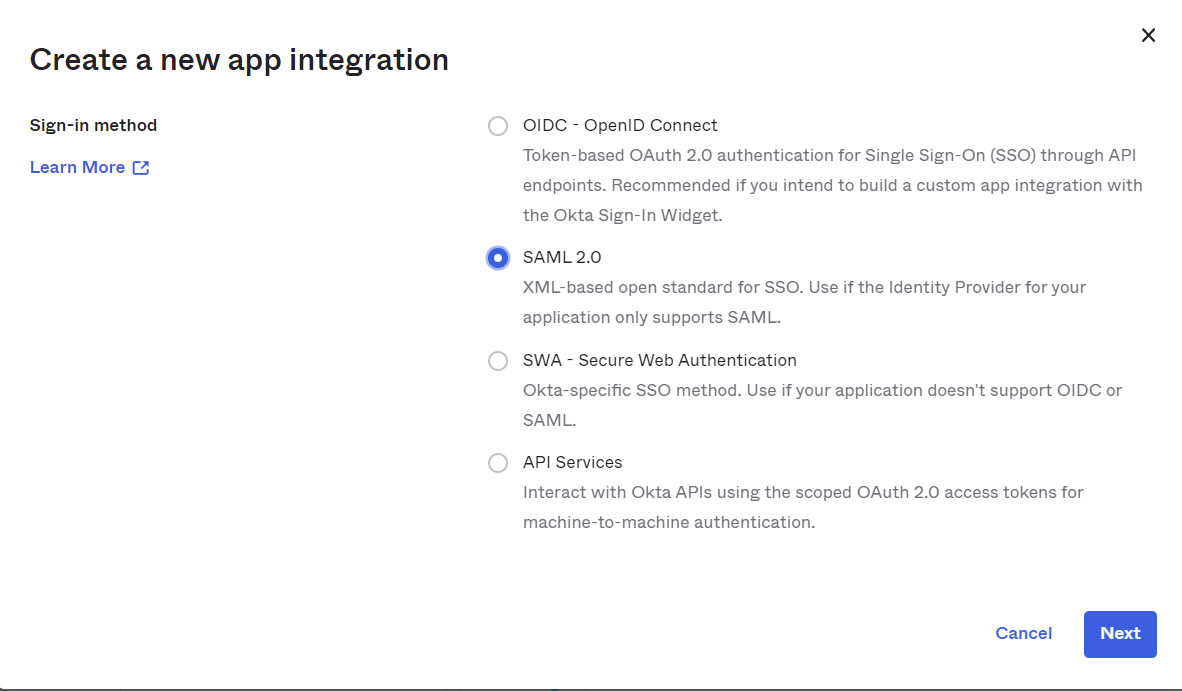 Selecting SAML2.0 for your Exivity integration