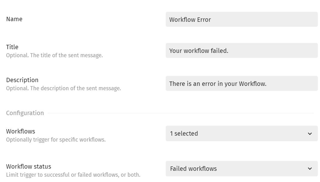 Example of notification for a workflow that fails